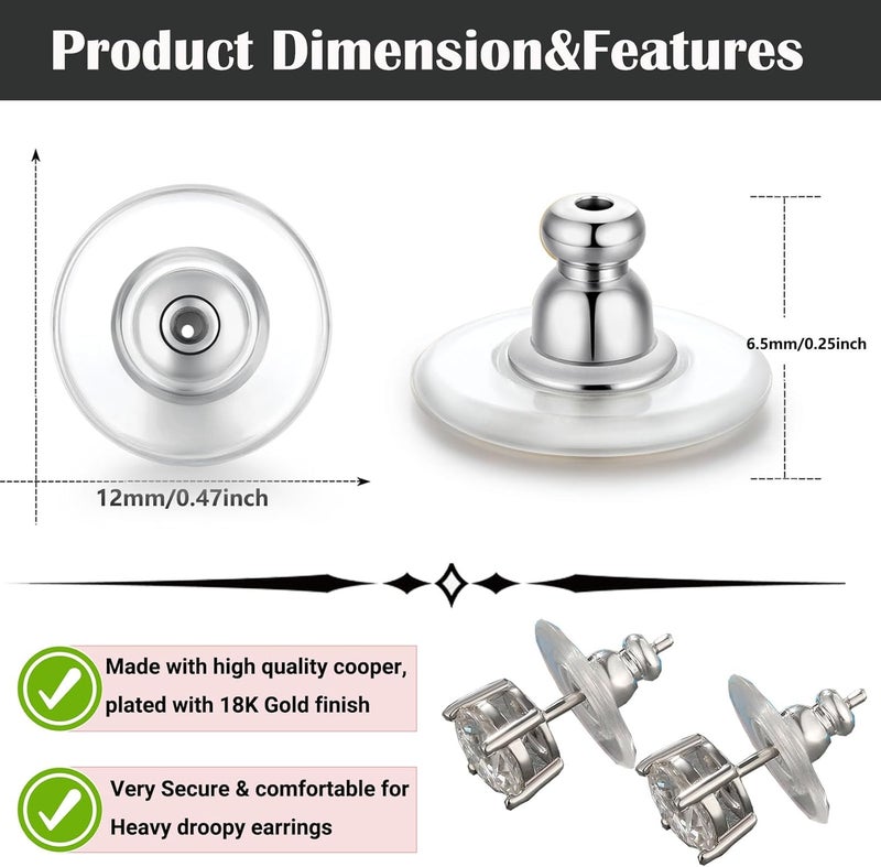 Formulen 6 PCS Big Earring Backs Replacements, 12mm/0.47 Inch Earring Backs for Big Studs/Droopy Heavy Earrings, Hypoallergenic Clear Comfortable for Women & Men 4 Silver & 2 Gold Color - Image 4